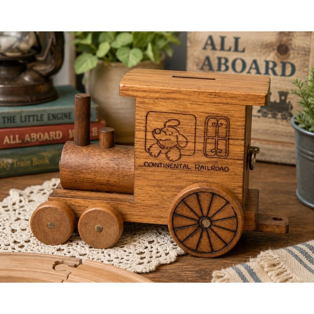 Vintage 1984 Toystalgi-A Continental Railroad Wooden Train Music Box Coin Bank.